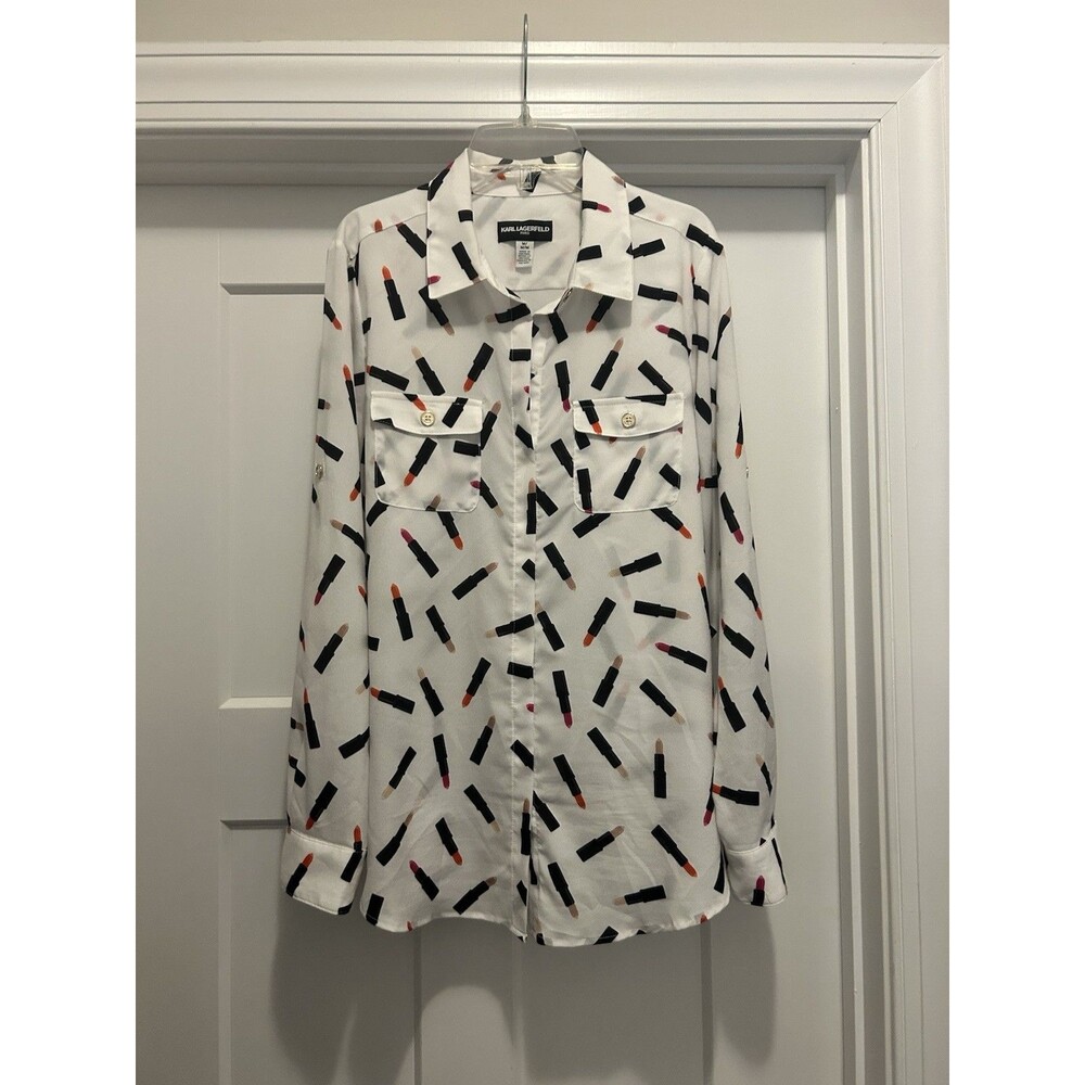 Karl Lagerfield Lipstick Print Shirt Size Medium White Long Sleeve Whimsy Corp